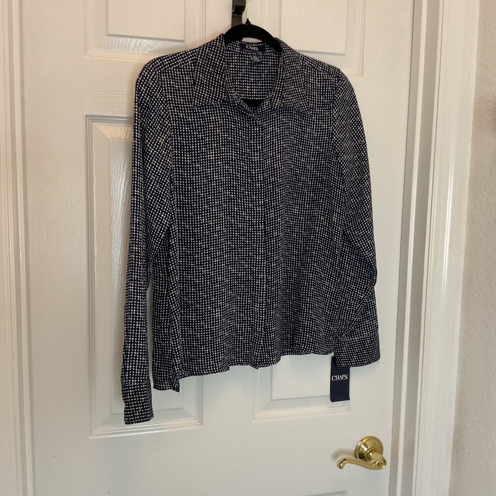 Chaps Womens Navy Blue White Geometric Polka Dot Long Sleeve Button Down Shirt M